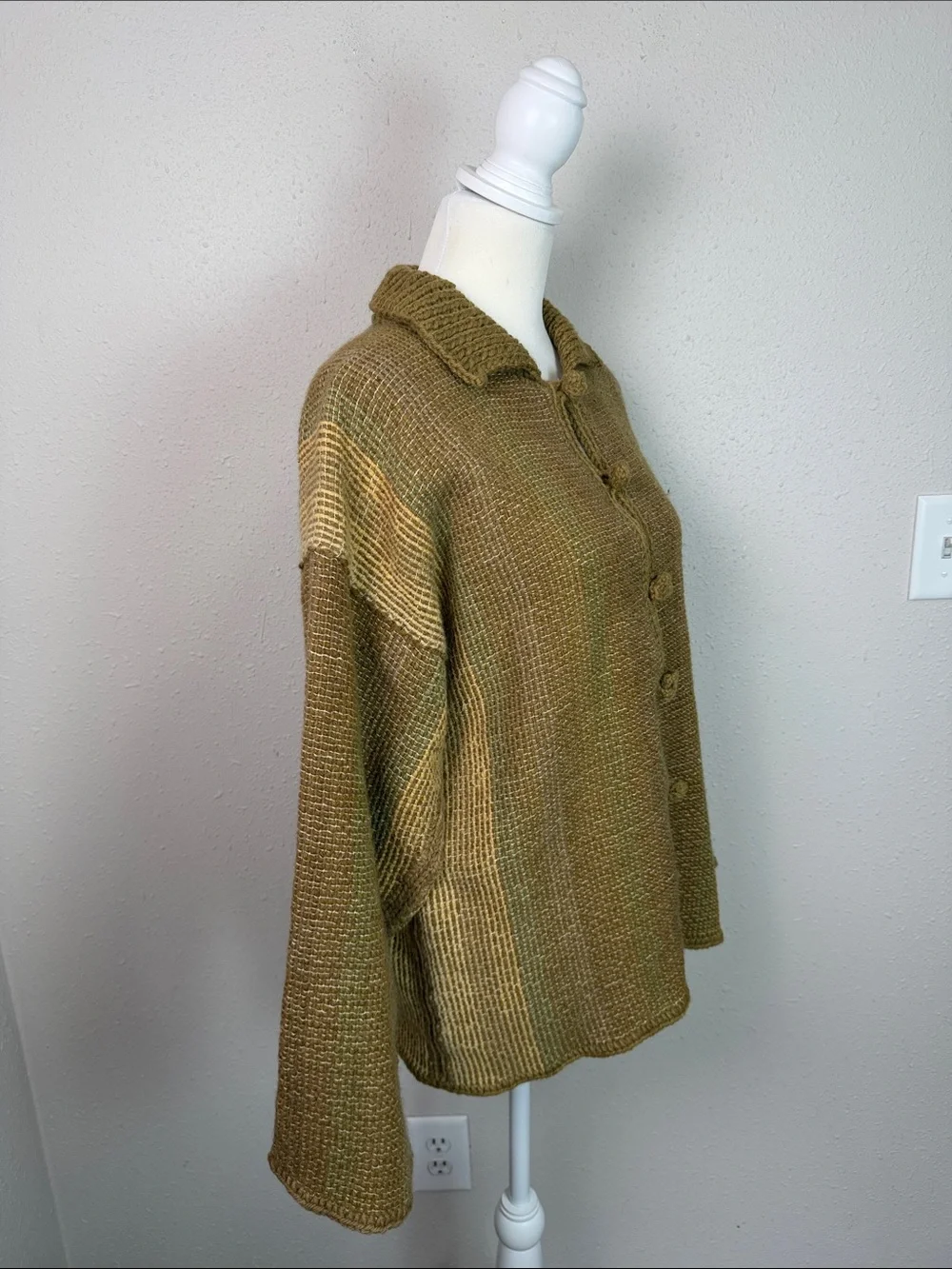 Women’s XL Wool Woven Cardigan Jacket Frog Closure Earth Tone Boho Artisan